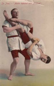 Jiu jitsu teacher Yukio Tani demonstrates an armbar on professional strongman William Bankier, circa 1906. This technique is not that much different from the one we learn today.
